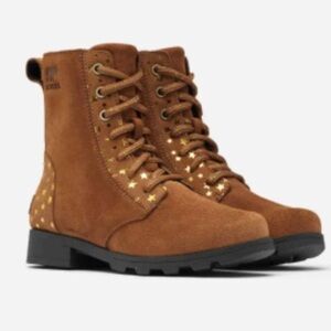 Sorel Emilie Brown Suede Watwrproof Combat Boots with Gold Stars